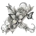 Wrist tattoo that has a flowers that travel up the arm like a vines that incorporates a cross and butterflies. tattoo design idea