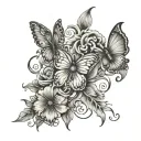 Wrist tattoo that has a flowers that travel up the arm like a vines that incorporates a cross and butterflies. tattoo design idea