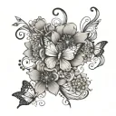 Wrist tattoo that has a flowers that travel up the arm like a vines that incorporates a cross and butterflies. tattoo design idea