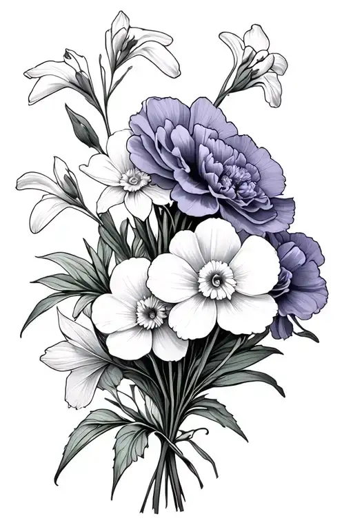 carnation, snowdrop, violet, daffodil, sweet pea flower bouquet tattoo design idea
