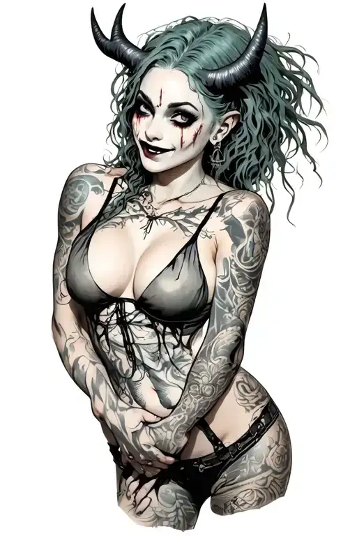 Sexy Pale Girl, petite, big boobs, wide hips, G-String. Messy hair, demonic horns, sexual. Seductive smile. upper Body tattoo design idea