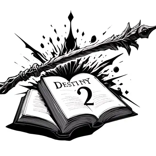 open book with the elder wand pointing at the book and the destiny 2 logo coming out of the book tattoo design idea
