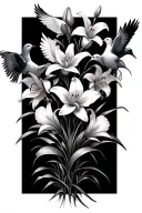 a flower group with lilies, orchid, daffodils, and two doves tattoo design idea