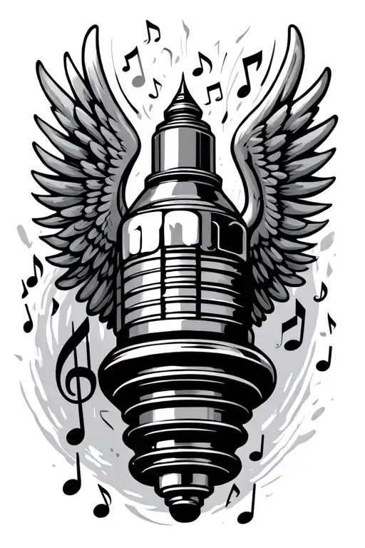 winged spark plug and musical notes floating tattoo design idea