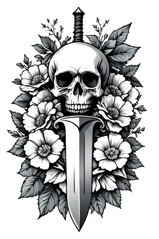 oldschool skull with dagger cutting it and flowers tattoo design idea