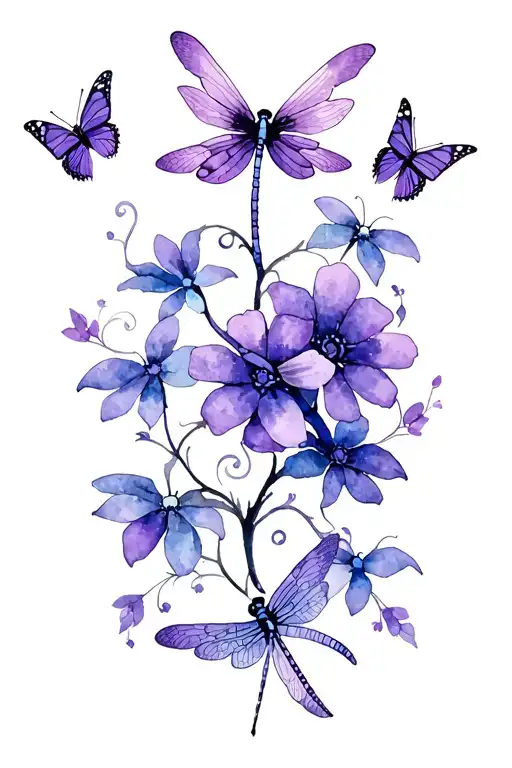 tiny purple and violet vine flowers, with dragonflies and butterflies, colorful  tattoo design idea