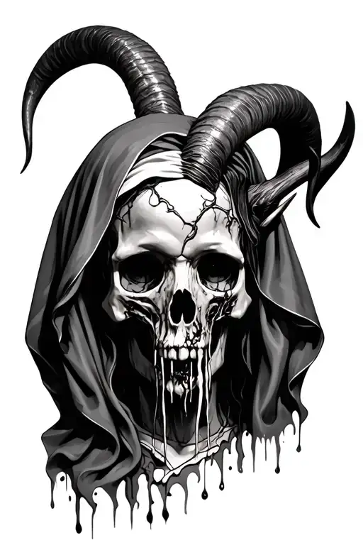 depressive veiled virgin mary skull and rotting flesh with four horns goat  tattoo design idea