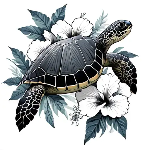  sea turtle with Fiji hibiscus flowers  tattoo design idea