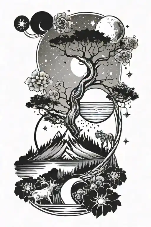 tribal river mountains trees with saturn and the moon and stars with animals and flowers tattoo design idea