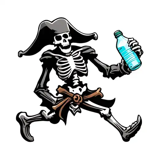 pirate flag skeleton running holding water bottle tattoo design idea