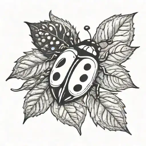 create a simple black and white tattoo of a ladybug on a blackberry vine tattoo design idea