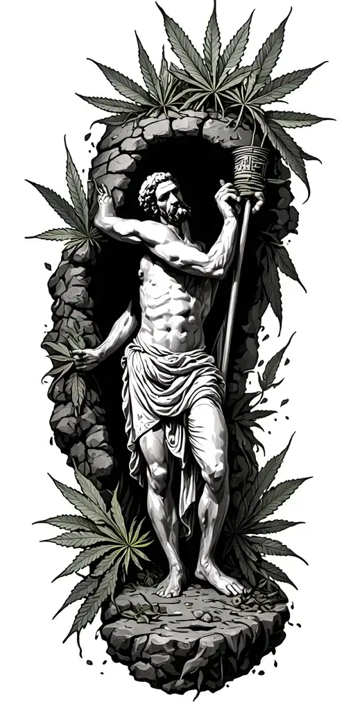 Chicano style illustration of the allegory of Plato's cave finding weed breaking free tattoo design idea