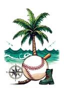 Baseball stiching forming into a single palm tree with a work boot and waves and a nautical compass tattoo design idea
