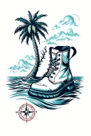 Baseball stiching forming into a single palm tree with a work boot and waves and a nautical compass tattoo design idea