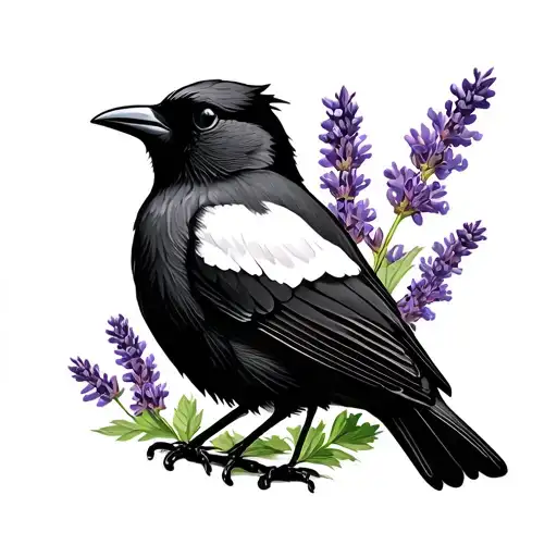 magpie, lavender sprig tattoo design idea