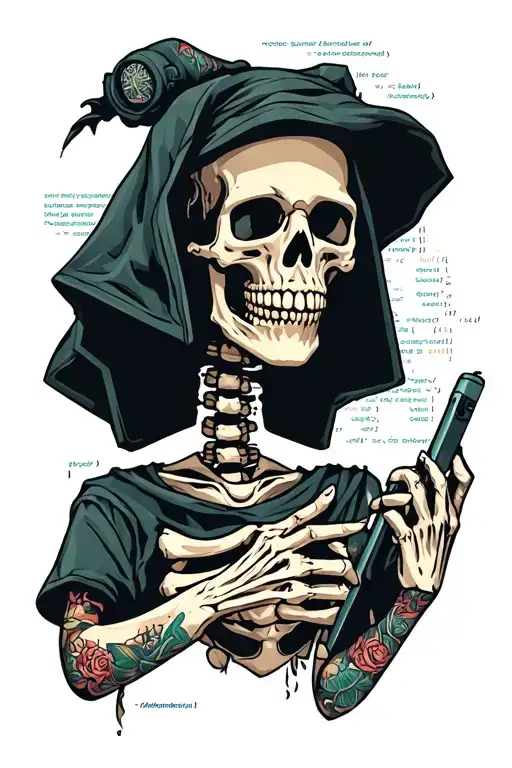 skeleton hacker while programming code tattoo design idea