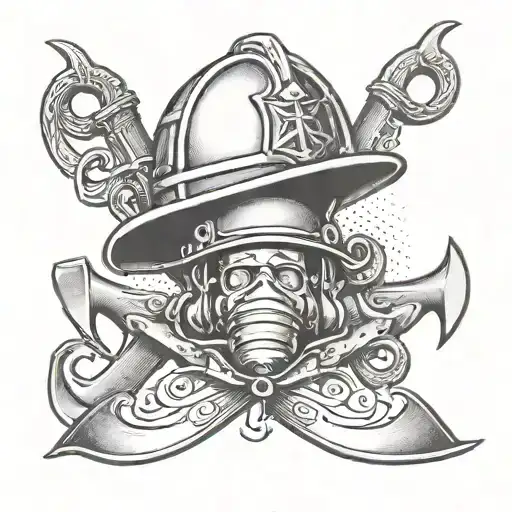 A dotwork tattoo of a firefighter's helmet with a musical note and anchor, representing your dedication to both firefighting and the navy tattoo design idea