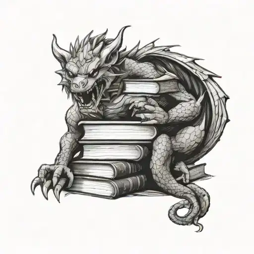 stack of books with dragon and werewolf coming out tattoo design idea