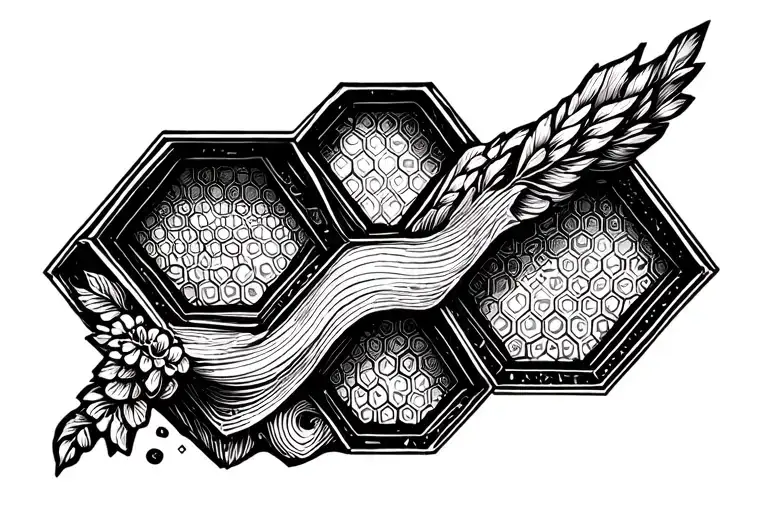 hexagonal honeycomb sleeve with futristic industrial clean linework tattoo design idea