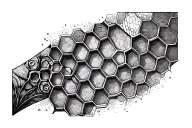 hexagonal honeycomb sleeve with futristic industrial clean linework tattoo design idea
