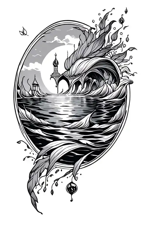 piscea islam inspired tattoo featuring water elements oval tattoo design idea