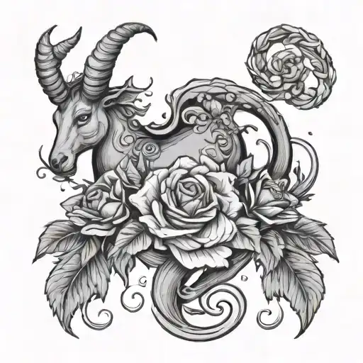 capricorn sea goat with roses intertwined within the sea tail  tattoo design idea