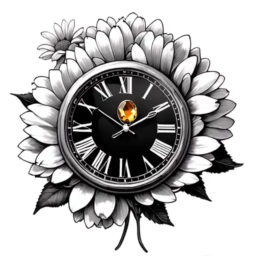 romanian clock reading 9:01 with Chrysanthemum flower and citrine birthstone tattoo design idea