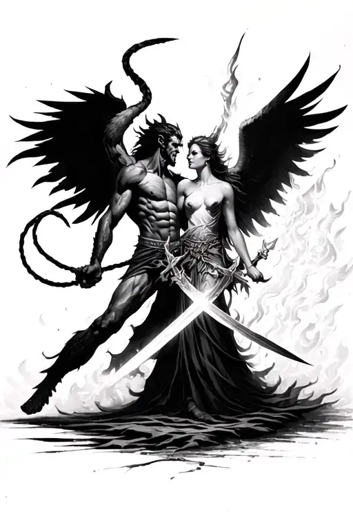 A male demon with a whip fighting against female guardian angel with a lightbringer sword.  fire, dust, debries tattoo design idea