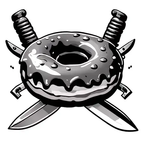 a doughnut with knives ready to fight scene tattoo design idea