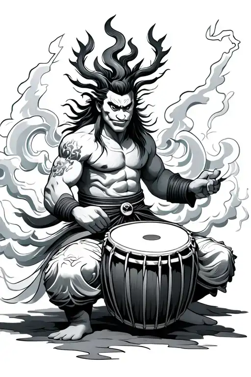 japanese Raijin playing drum with clouds and lightning tattoo design idea