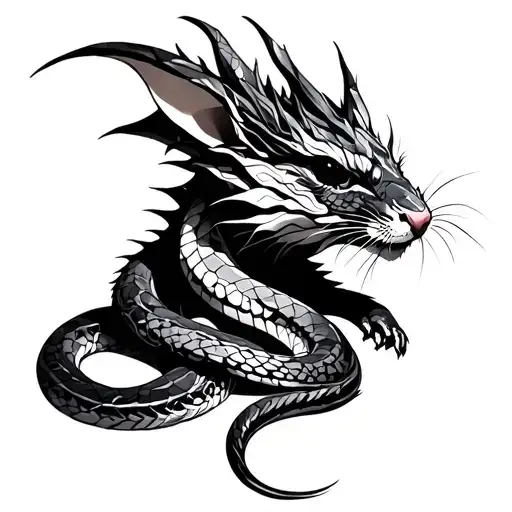 A complex Geometric Dragon and a detailed rat are parents to a unique snake child tattoo design idea