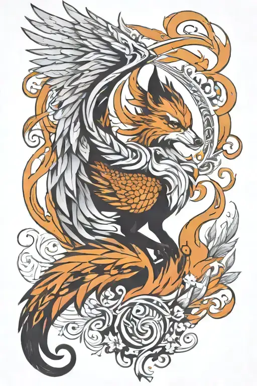 pheonix and a nine tail fox curled   tattoo design idea