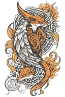 pheonix and a nine tail fox curled   tattoo design idea