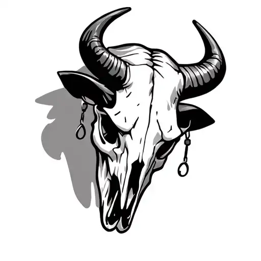 A Bull Skull with the horns curving slightly upwards to hug the knee cap, fishing hooks around one horn , do not add ear tattoo design idea