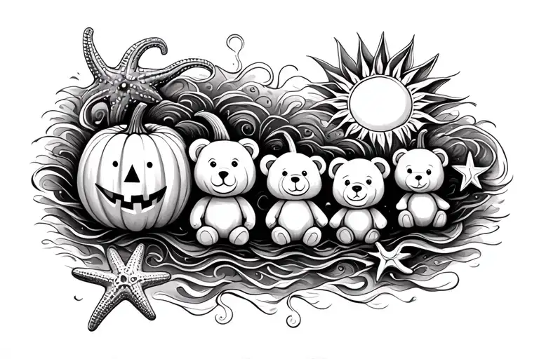 arm band tattoo that has evenly spaced images of a peanut, pumpkin, starfish, teddy bear and a sun connected by wisps tattoo design idea