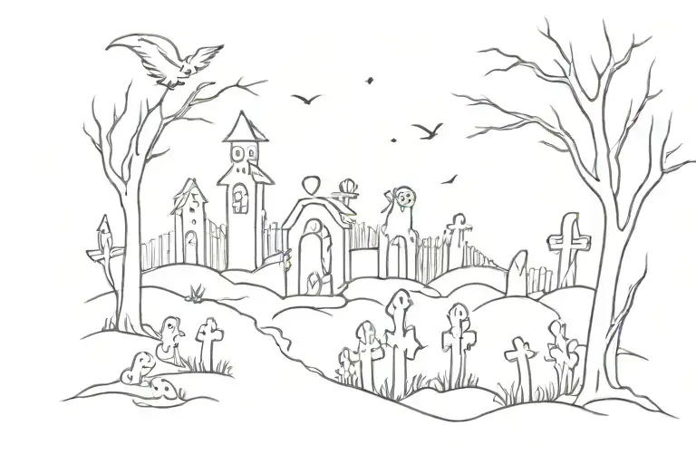 ghosts and spirits surrounding graveyard scene tattoo design idea