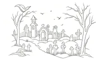 ghosts and spirits surrounding graveyard scene tattoo design idea