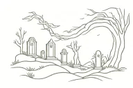 ghosts and spirits surrounding graveyard scene tattoo design idea