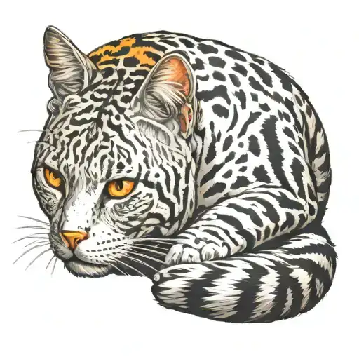 tabby cat, short hair, white hair on belly and chest, orange spot on head,, white paws. tattoo design idea