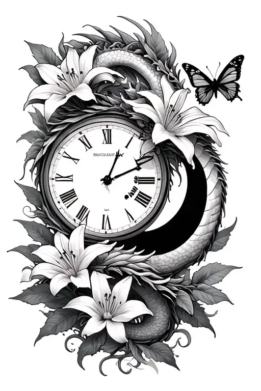 lilies, leaves intertwined, dragon, small clock, small moon, butterfly tattoo design idea