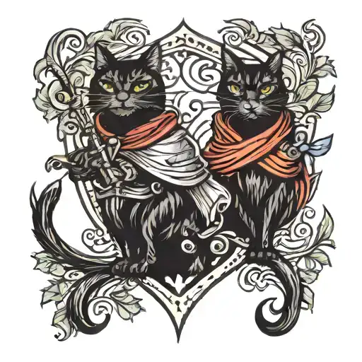 two black cats as knights with foilage tattoo design idea
