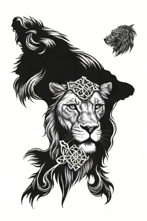 lions head surrounded in celtic cross tattoo design idea