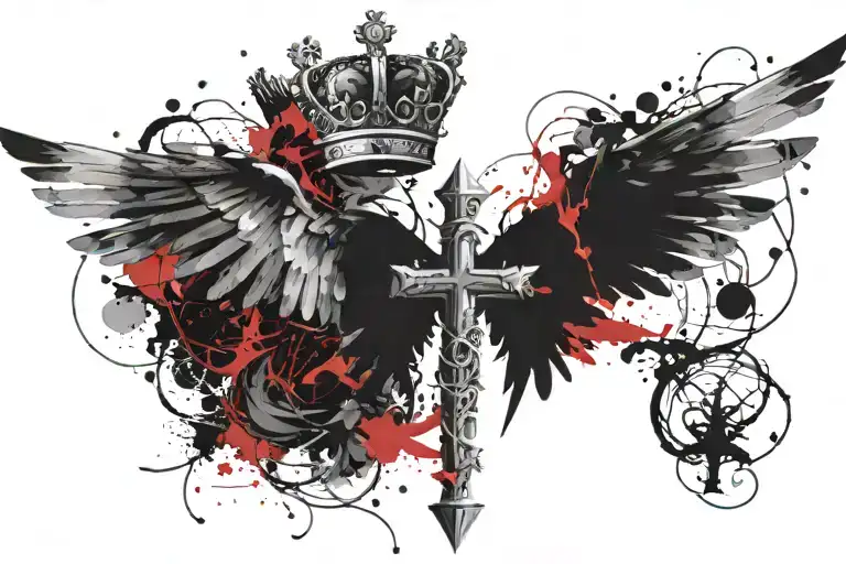 cross with wings and crown on the throat tattoo design idea