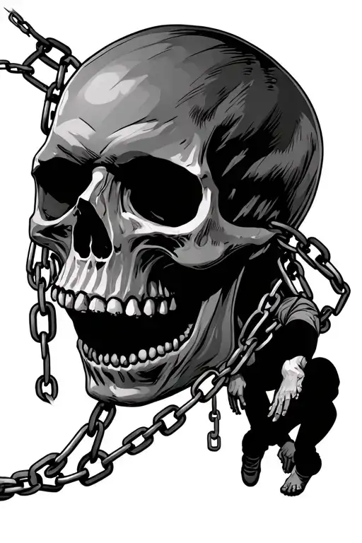skull facing forward with chains coming out of its mouth, the chains are tied to the ankles of people crawling away tattoo design idea