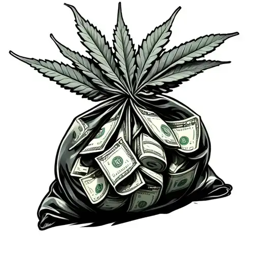 money bag overflowing with weed leaf morphing tattoo design idea