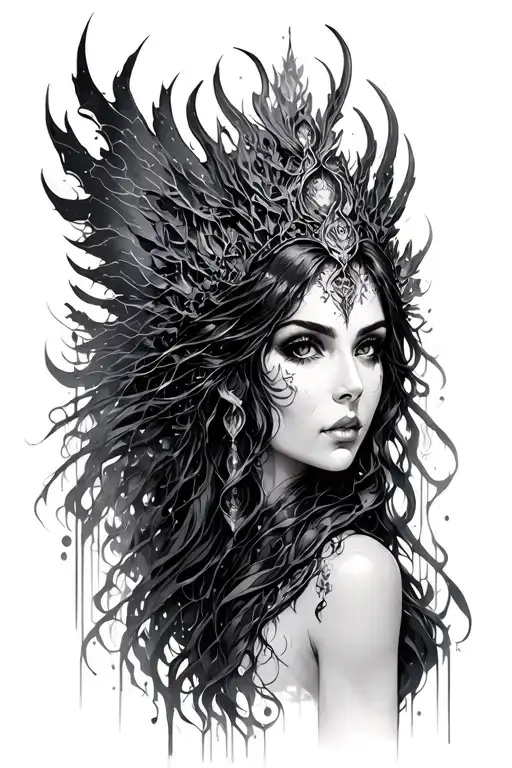 dark art eris goddess surrounded by cyber sigilism tattoo design idea