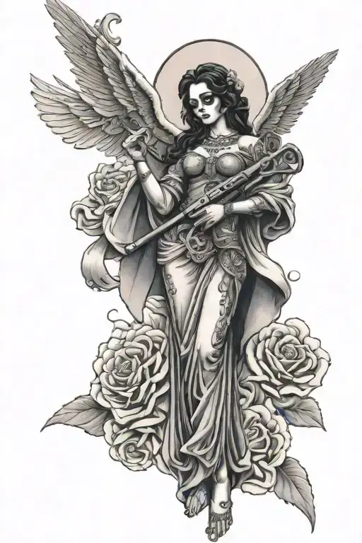 virgin de la muerte with cherubs at feet holding guns tattoo design idea