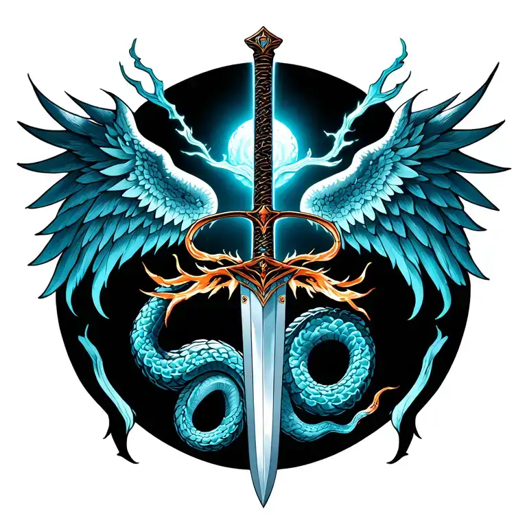 A sword made of thorns going vertically down the spine. wings spreading from the handle of the sword outwards, snakes   tattoo design idea