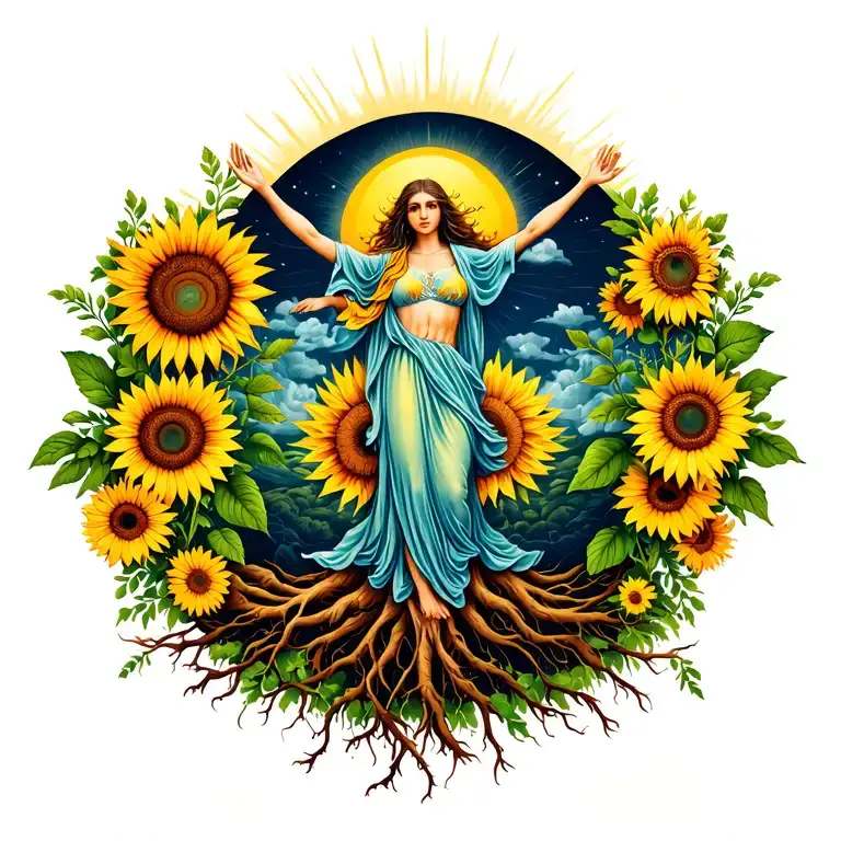 Feminine divine figure Mother Earth, standing tall with arms raised to sun, roots, sunflowers wild flowers vines roots tattoo design idea