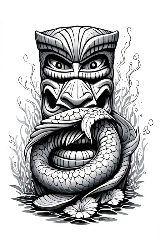 eel wrapped around tiki, underwater scene tattoo design idea